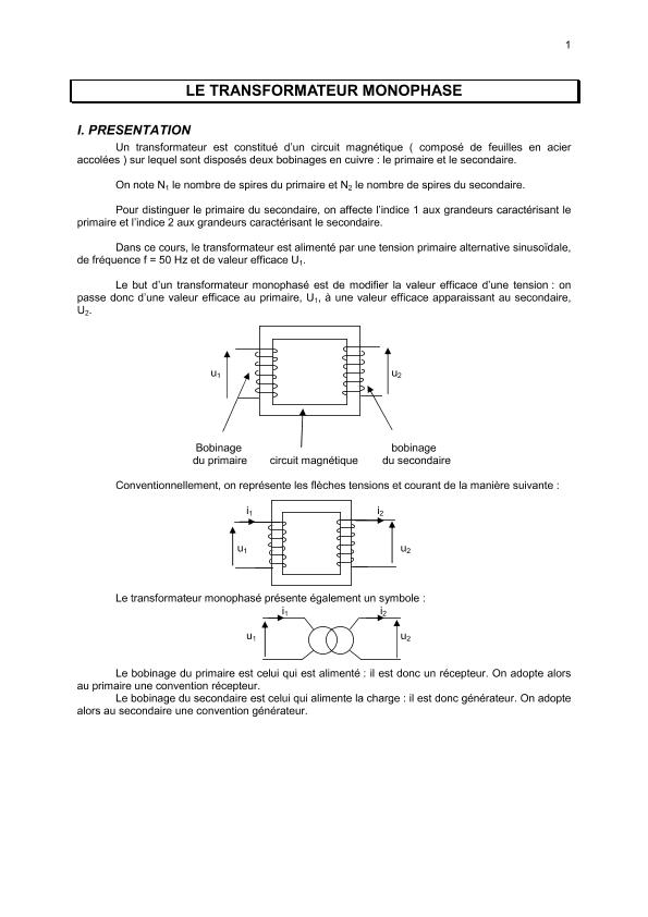 Cours pdf Transformateur Monophasé