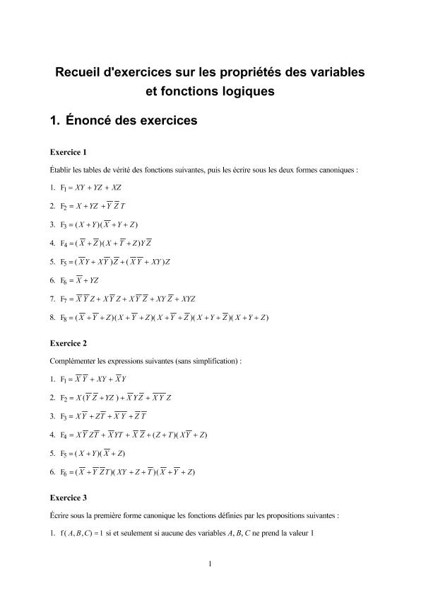 Exercices corrigés sur l'algèbre de Boole et les fonctions logiques